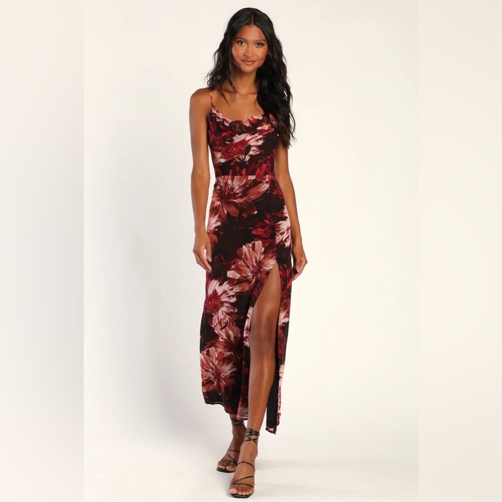 Lulus Flowery Passion Burgundy Floral Print Cowl Neck Midi Dress
